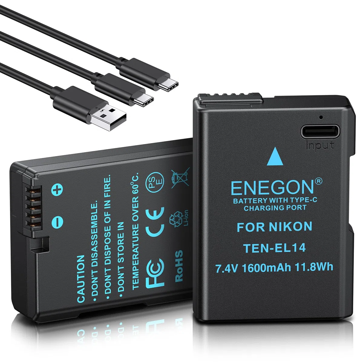 ENEGON EN-EL14 USB-C - Batería de Repuesto (1600 mAh, 2 Unidades) para Nikon EN-EL14/EN-EL14a, Compatible con Nikon D5300, D5600, D5100, D5200, D3100, D3200, D3300, D3400, D3500