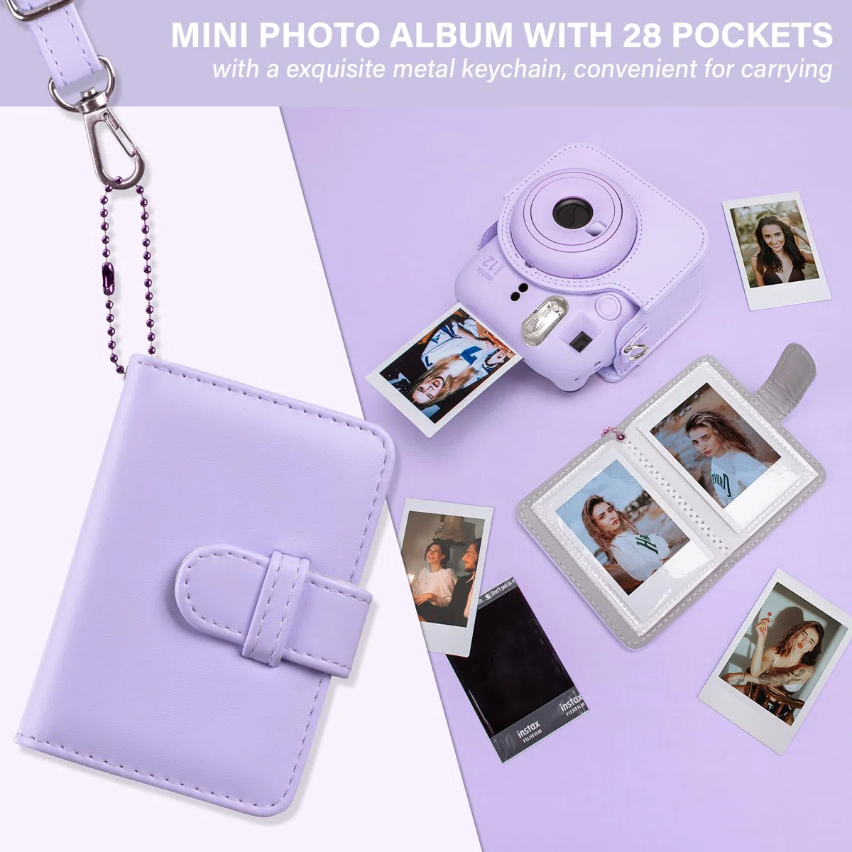 Estuche para cámara instantánea Compatible con Instax Mini 12, Bolsa de Cuero PU con Bolsillo, Correa Ajustable para el Hombro y Mini álbum de Fotos con 28 Bolsillos (Morada Puro)