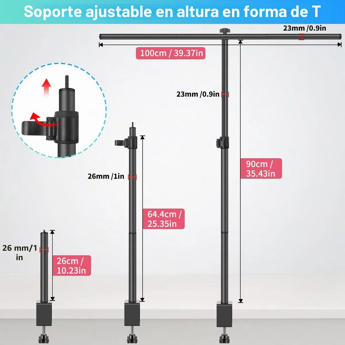 Soporte de Fondo 90x100 cm, 26-90 cm Soporte de Mesa de Altura Regulable con 3 travesaños, 3 Abrazaderas y Abrazadera en C para pancartas de Productos, Fondos de fotografía