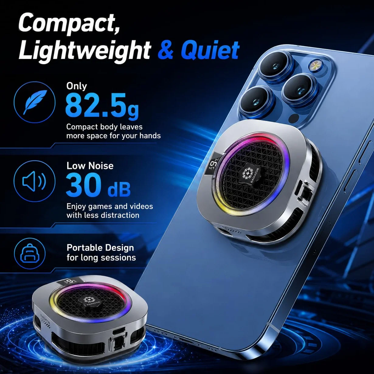 auvstar Enfriador de Movil,Magnético para Juegos,Ventilador Portátil RGB,Ligero y Silencioso,5 Modos,Ideal para Juegos/Transmisiones en Directo (plateado)