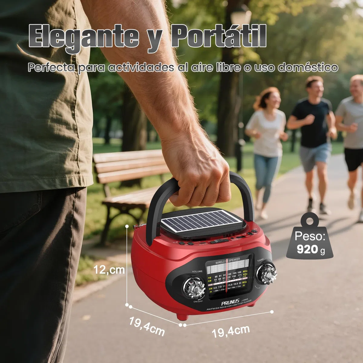 PRUNUS J-666 Transistor Radio Portatil FM/Am/SW, Radio Solar y Recargable de 1800mAh, Radios Bluetooth con Altavoz 15W, Graves Potentes y Sonido Estéreo, Soporta USB/TF/AUX, para Cocina/Salón/Jardín.