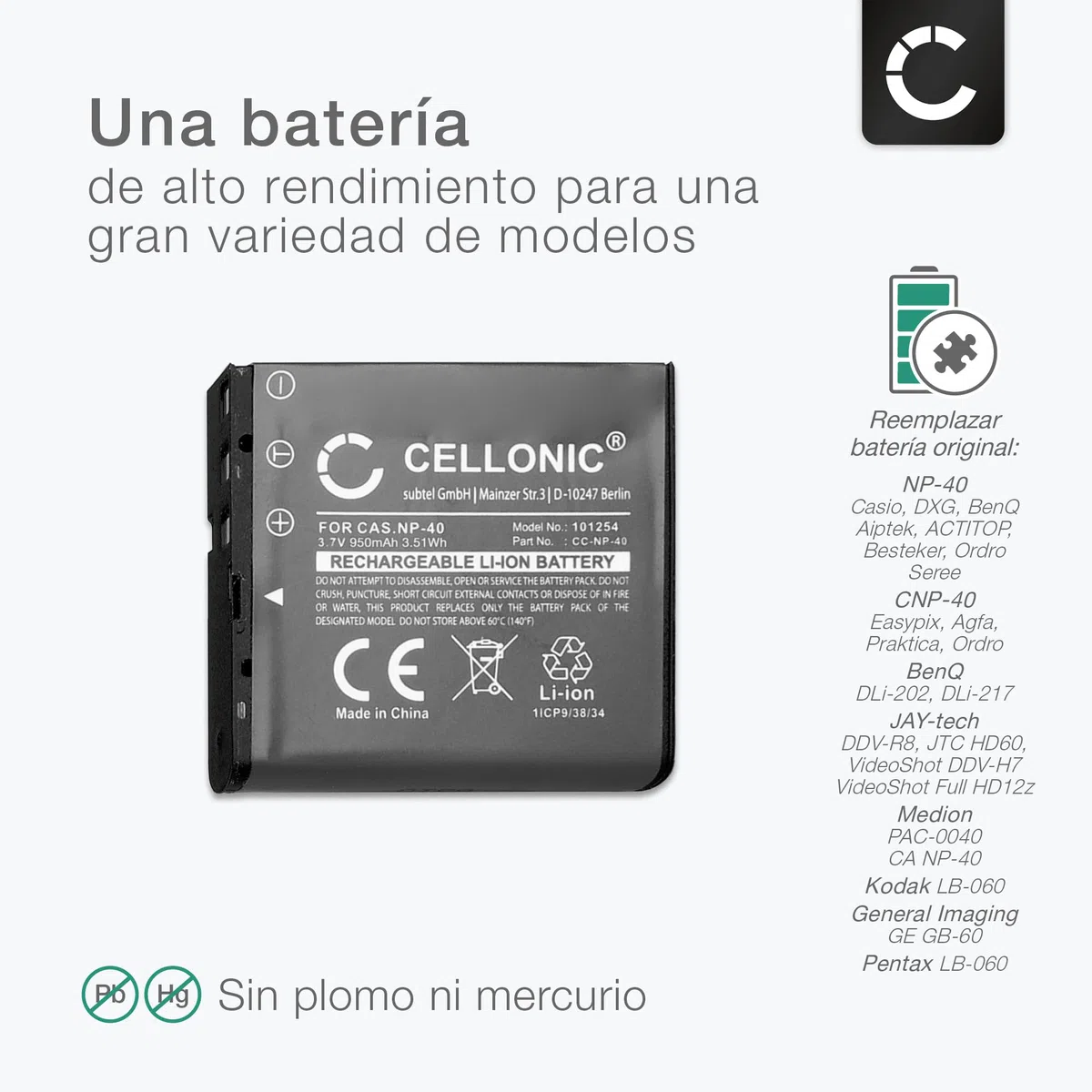 CELLONIC 2X Batería para Cámara Compatible con Kodak PixPro AZ528, PIXPRO AZ421, PIXPRO AZ422, LB-060 - (950mAh, 3.7V)