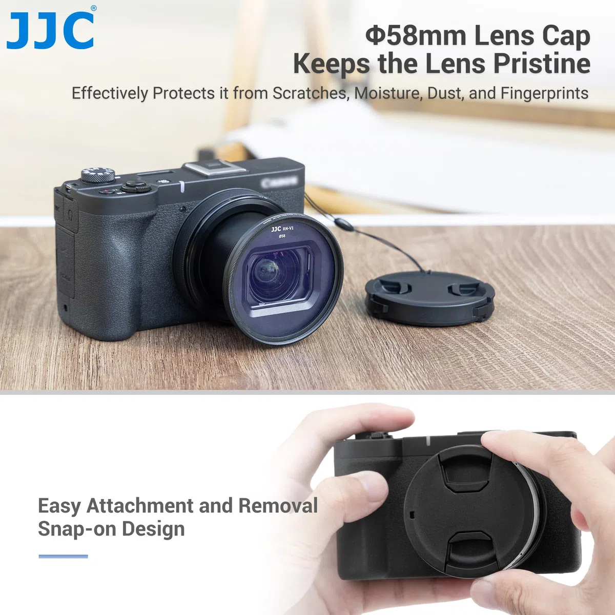 JJC Kit de lentes de 3 piezas compatible con cámara digital Canon PowerShot V1, incluye anillo adaptador de filtro de aleación de aluminio de 58 mm, tapa de lente con cuerda