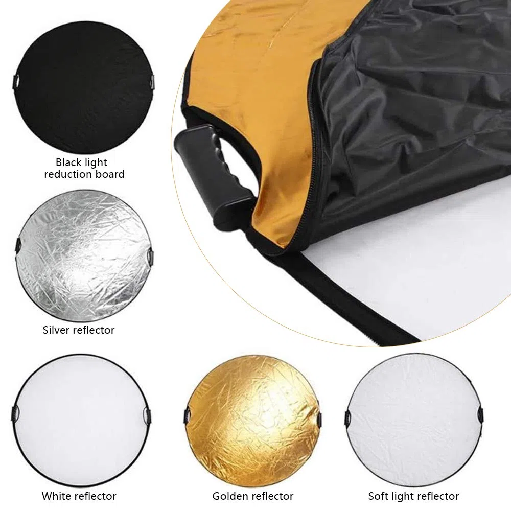 5 en 1 Reflector de Luz Redondo Plegable Portátil con Asa Iluminación Estudio Fotográfico Fotografía Al Aire Libre, Color Negro, Blanco, Oro, Plata, Translúcido