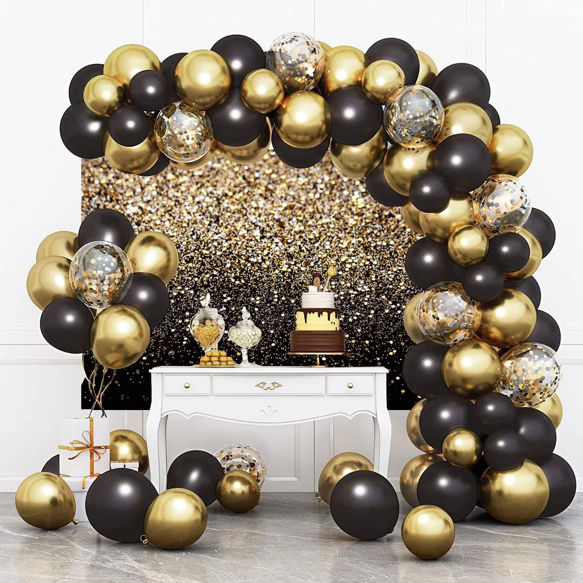 Telón de Fondo Dorado 2,5x1,8m, Partículas Doradas con Purpurina Fondo de Fotografía de Vinilo de Sueño Negro para Cumpleaños, Bodas, Fiestas de Graduación, Fondos de Estudios Fotográficos