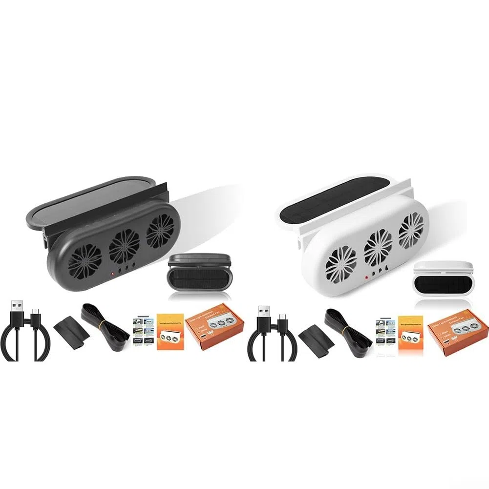 Ventilador extractor de aire para coche alimentado por energía solar Ventilación de triple cabezal USB y carga de 12 V 23 × 11.3 × 5.2 cm para refrigeración del vehículo (blanco)