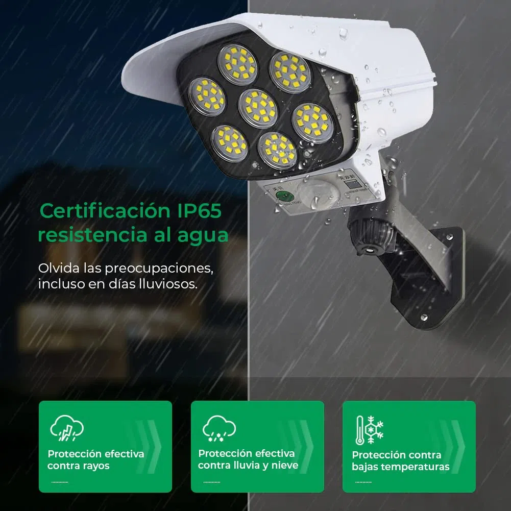 Cámara vigilancia falsa exterior - 80 luces LED - Sensor de Movimiento - Resistente al agua y polvo - Auto Recarga Solar