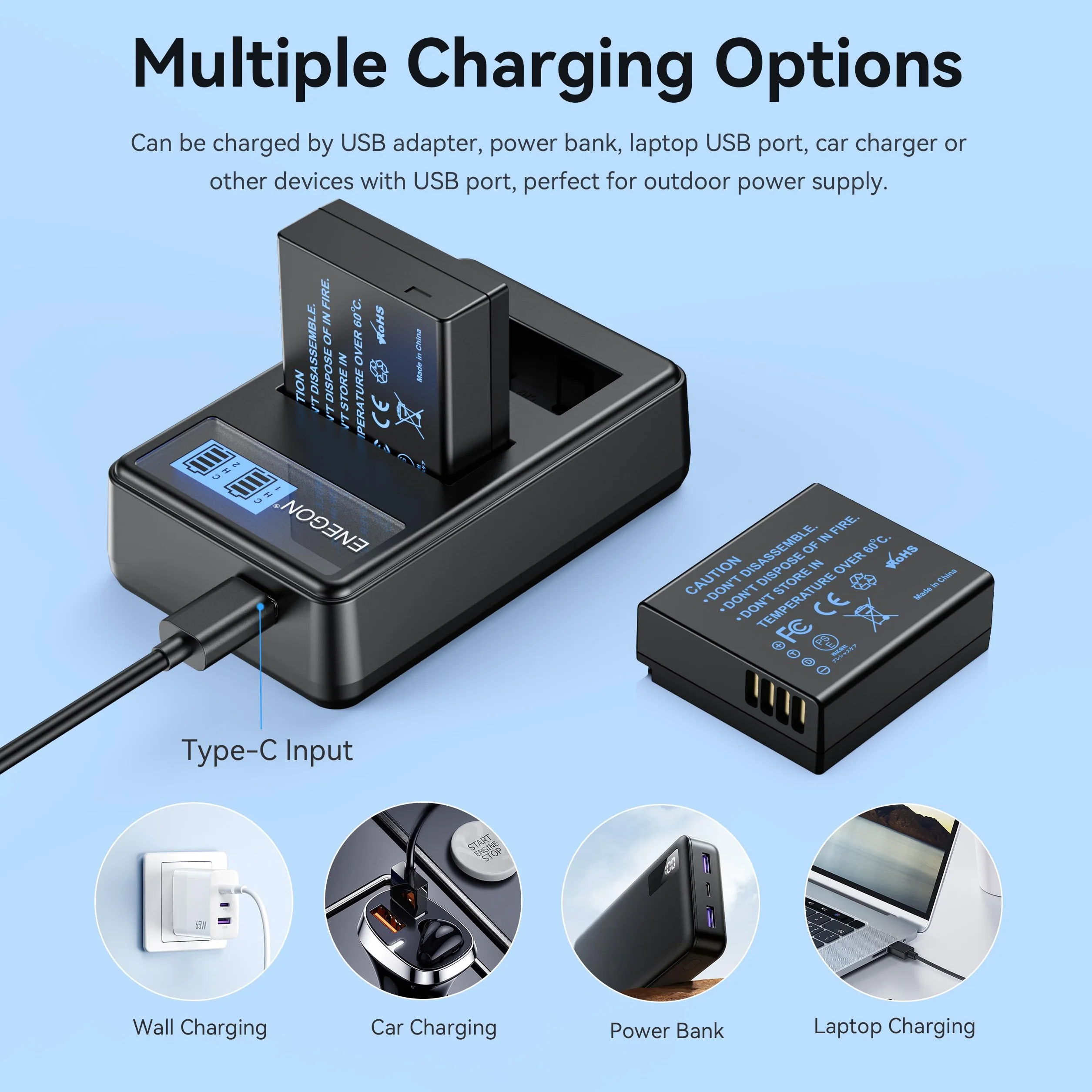 ENEGON DMW-BLE9 DMW-BLG10 Batería (2x1200mAh) y Cargador, + Cable USB-C y Pantalla LCD, para Panasonic Lumix DC-LX100 II, TZ202, TZ101, TZ99, TZ91, TZ81, DMC-GX7, DMC-GX9, DMC-GX80, DMC-GX85