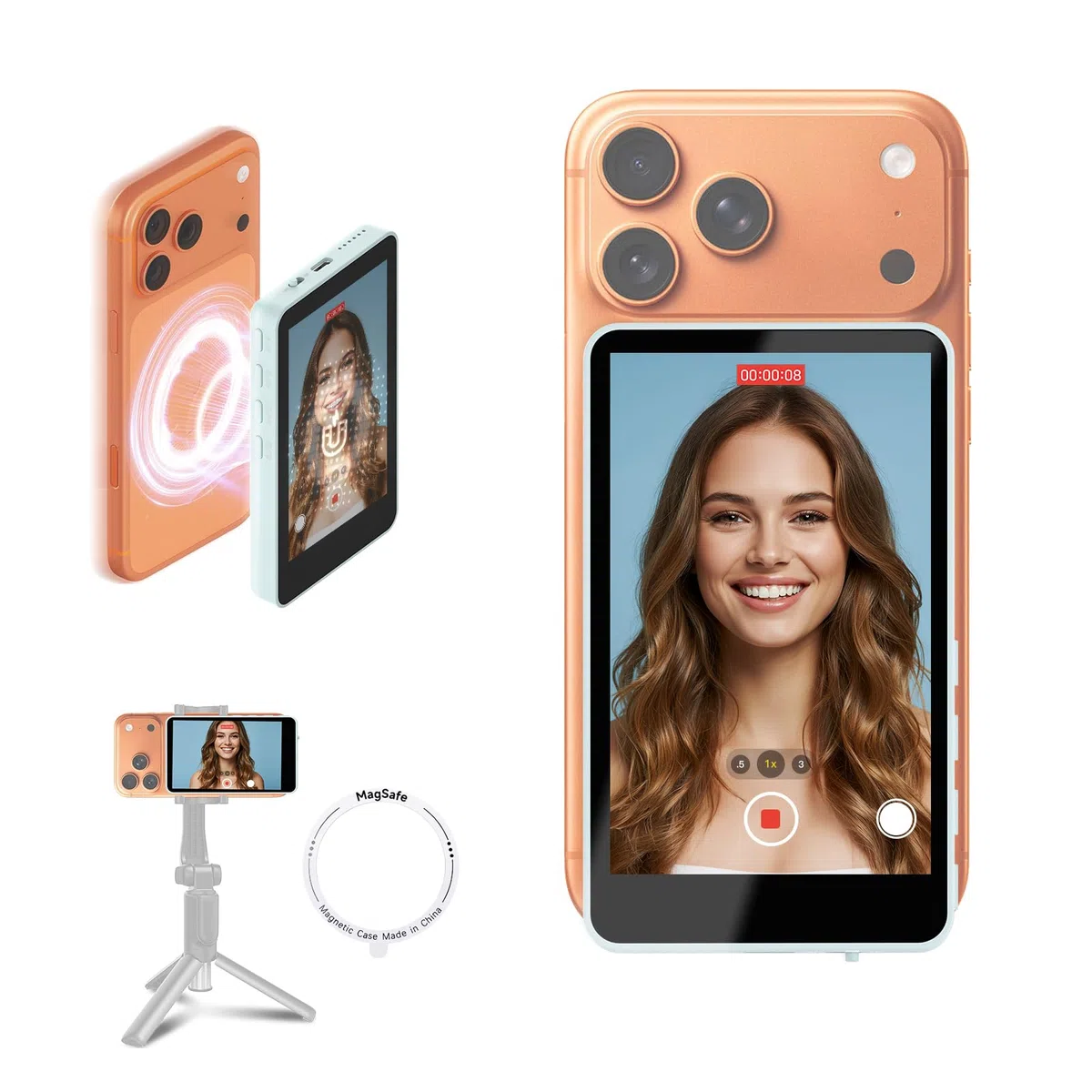 SYNCO XView Monitor para Teléfono iPhone y Android, Pantalla Magnética para Selfie Vlog Inalámbrico 50M Batería 3H, Altavoz Integrado para TikTok Youtube (Azul)