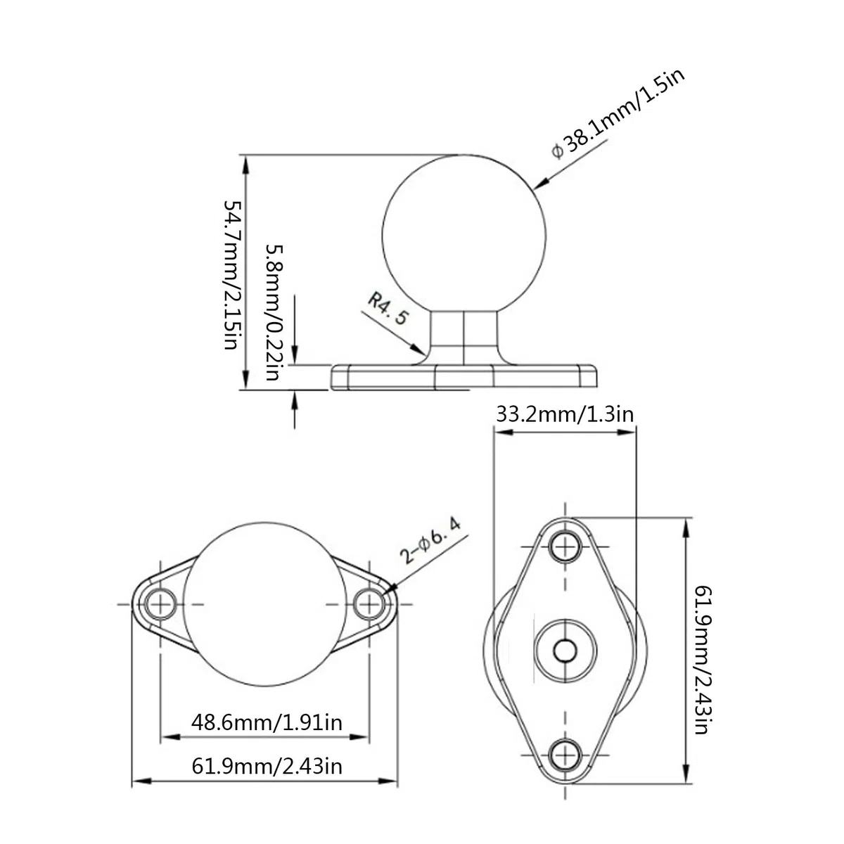 Yosoo Health Gear Placa Redonda de Aleación de Aluminio de Montura de Bola de 1,5 Pulgadas con Brazo de Doble Enchufe Tamaño C