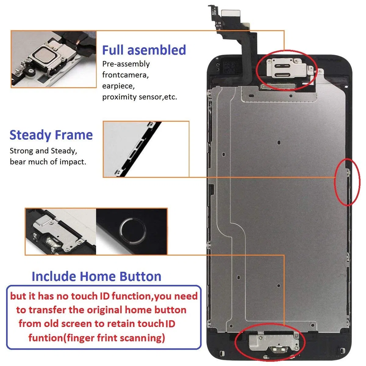 Brinonac Pantalla para iPhone 6, 4.7" Pantalla Táctil LCD con botón de Inicio,Cámara Frontal, Sensor de proximidad, Altavoz, ensamblaje de Marco digitalizador y Kit de reparación (Negro)