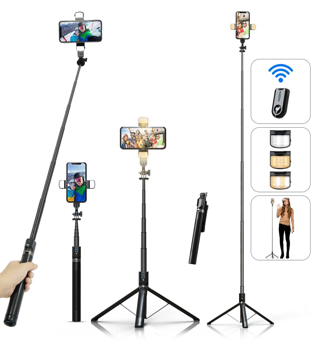 ASHINER Palo Selfie Tripode para Movil - 180cm Soporte de Teléfono con Control Remoto y Luces LED de Relleno para Viajes, Vlogging, Video, Fotos, Compatible con iPhone, Android