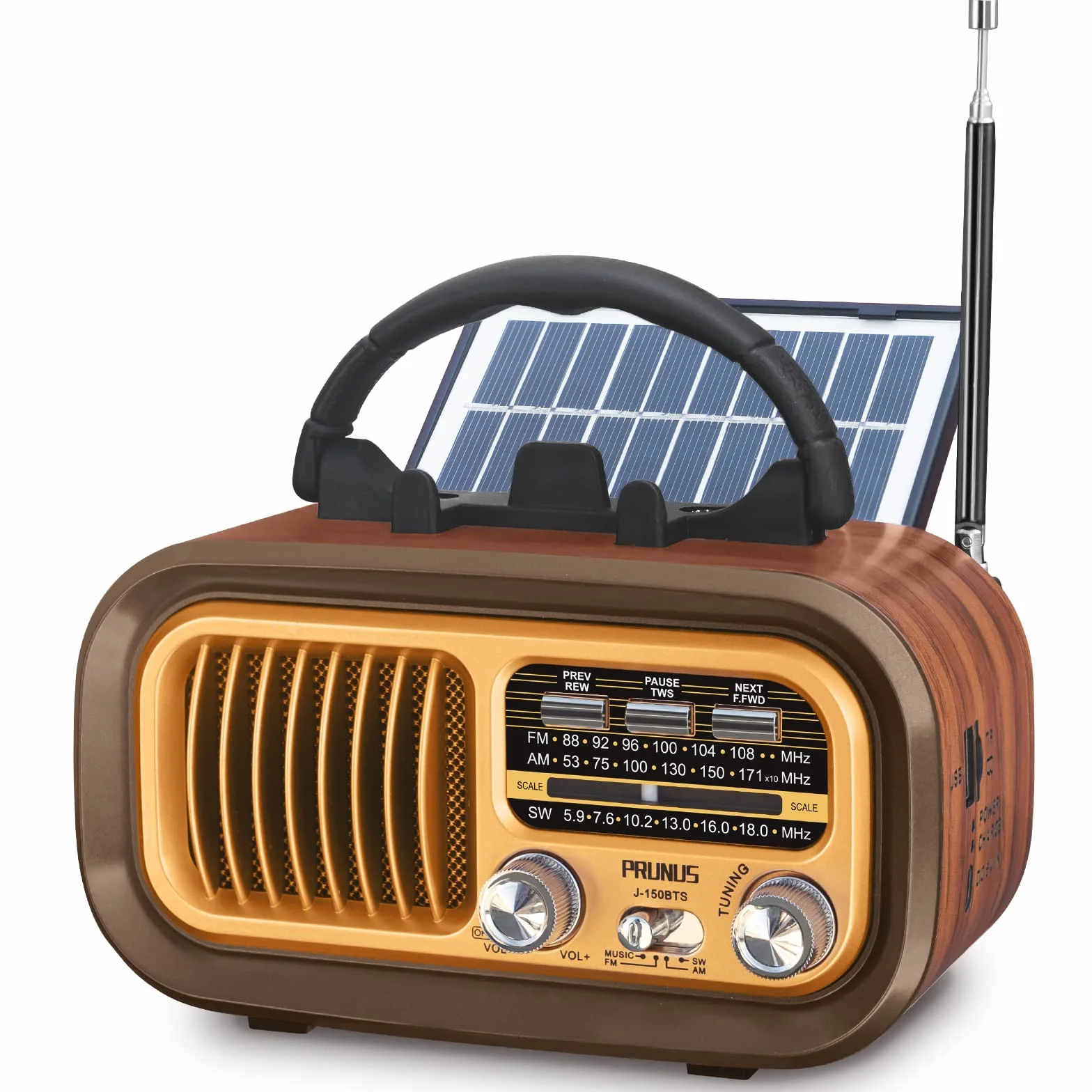 PRUNUS J-150 Radio Vintage Retro FM/Am/SW, Radio Portatil Pequeña Recargable de 1200mAh, o Funciona con 2 Pilas D, con Panel Solar, Transistores Radios con Bluetooth, Reproductor USB/TF de 5W.