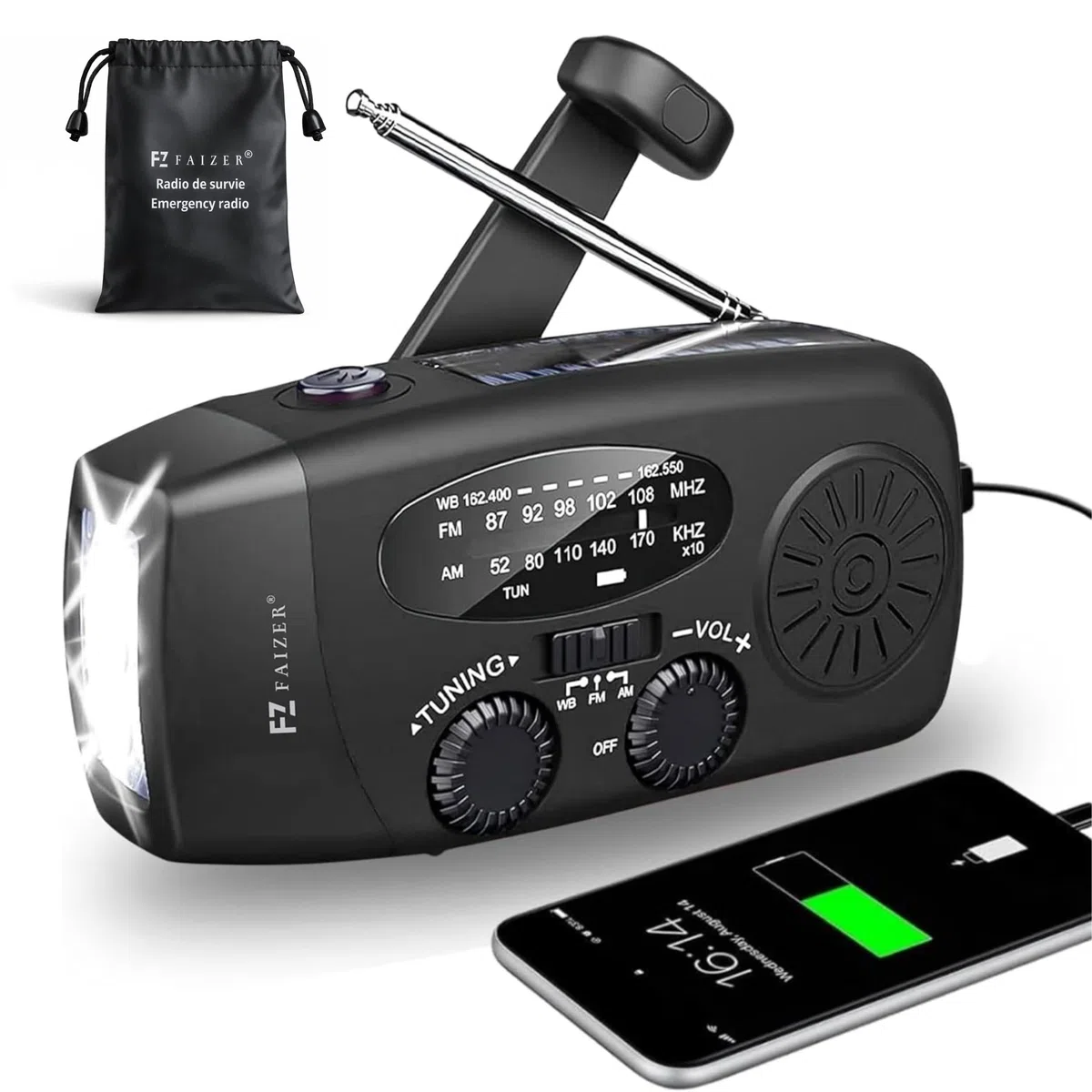 Radio Solar de Emergencia portatile con Manivela, 2000mAh, Power Bank, Radio a Pilas Am/FM/WB con Dinamo y Panel Solar, Linterna LED,linternas led Alta Potencia, Despertador Solar, Linterna Potente