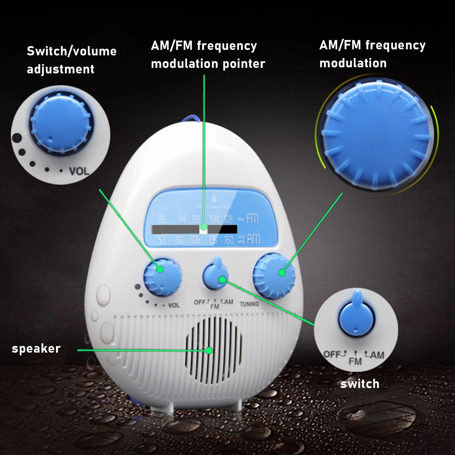 Zerodis Radio de Ducha de Am FM, Radio de Baño Colgante Que Funciona con Baterías con Altavoz Incorporado para el Entretenimiento de Viajes Al Aire Libre de Emergencia en Casa