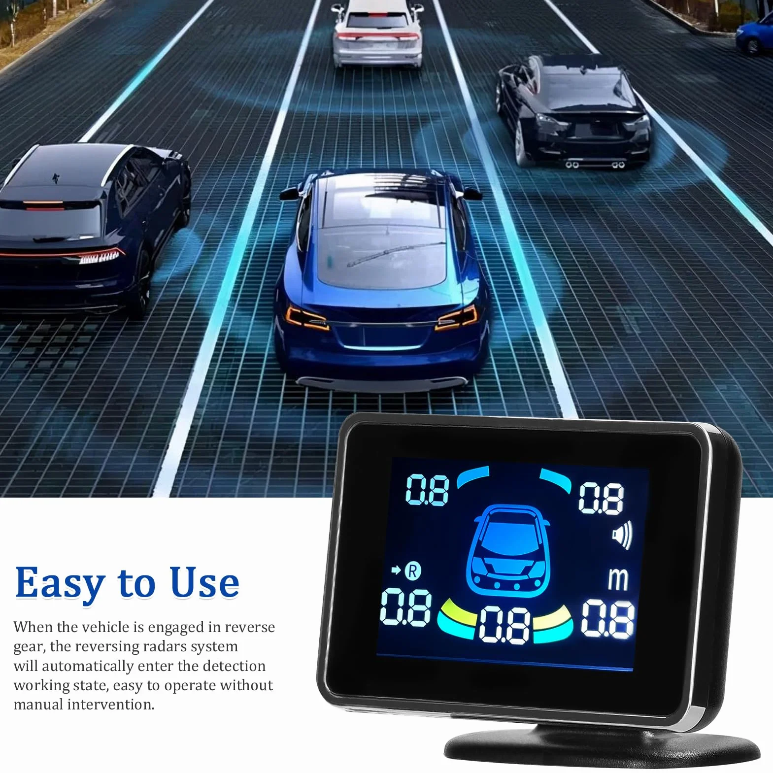 Shkalacar Sensores Aparcamiento Coche, Detector Radares para Coche, Parking Sensor con 8 Sensores, Pantalla LCD, Soporte Delantero y Trasero, Advertencia de Sonido/Zumbador/Silencio