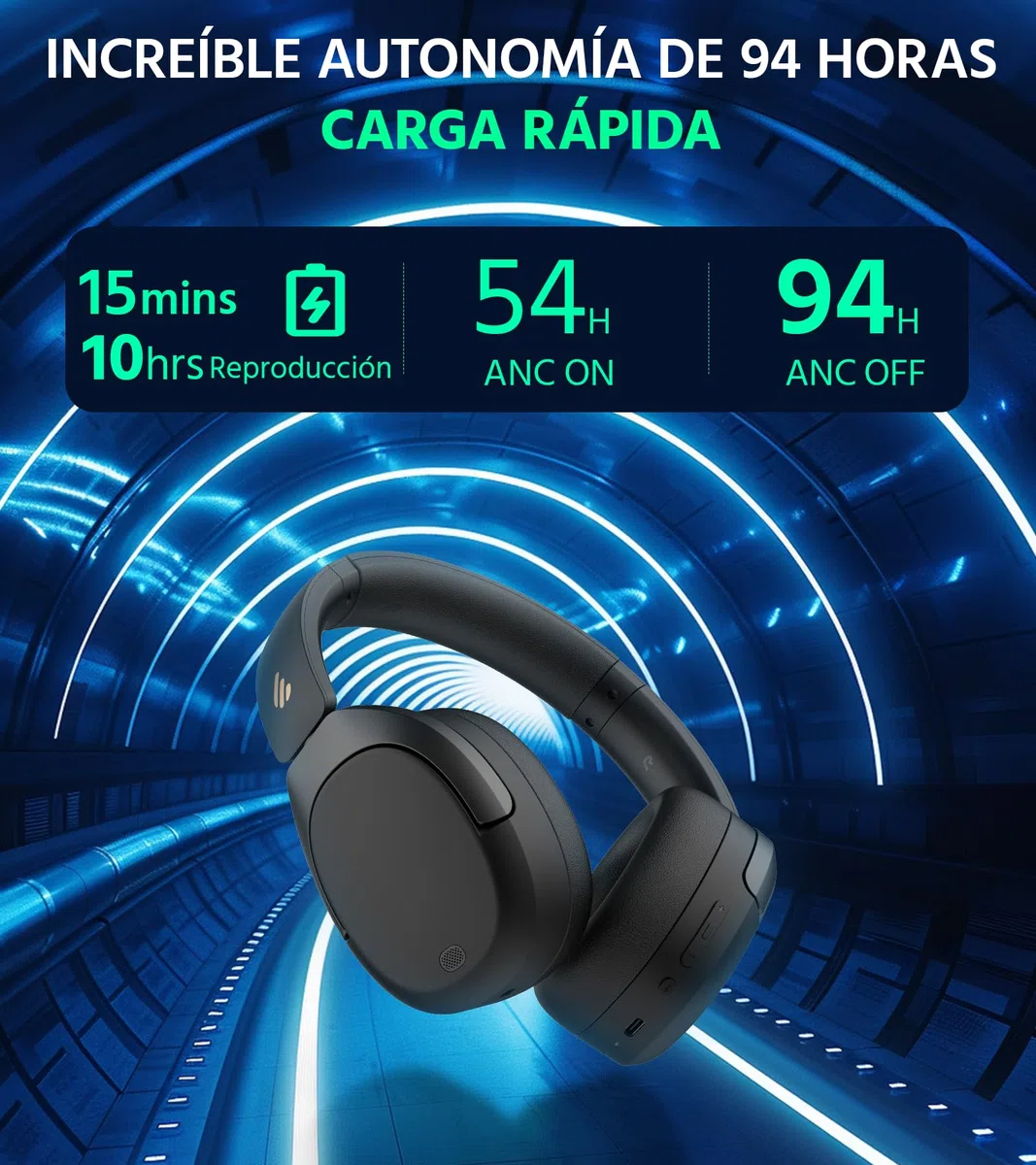 Edifier W830NB - Auriculares inalámbricos con -45 dB ANC, batería de 94 Horas, Sonido LDAC Hi-Res, Audio Espacial, Carga rápida, Bluetooth V5.4, Color Negro