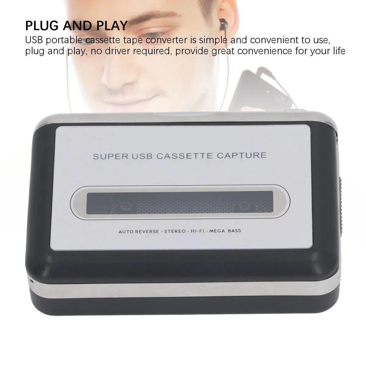 Box Convertidor de MP3, Reproductor de Cinta de Cassette, Convertidor de Cinta de Cassette a MP3 con Auriculares Integrados, Adaptador Portátil USB Captura Música para CD, Plug