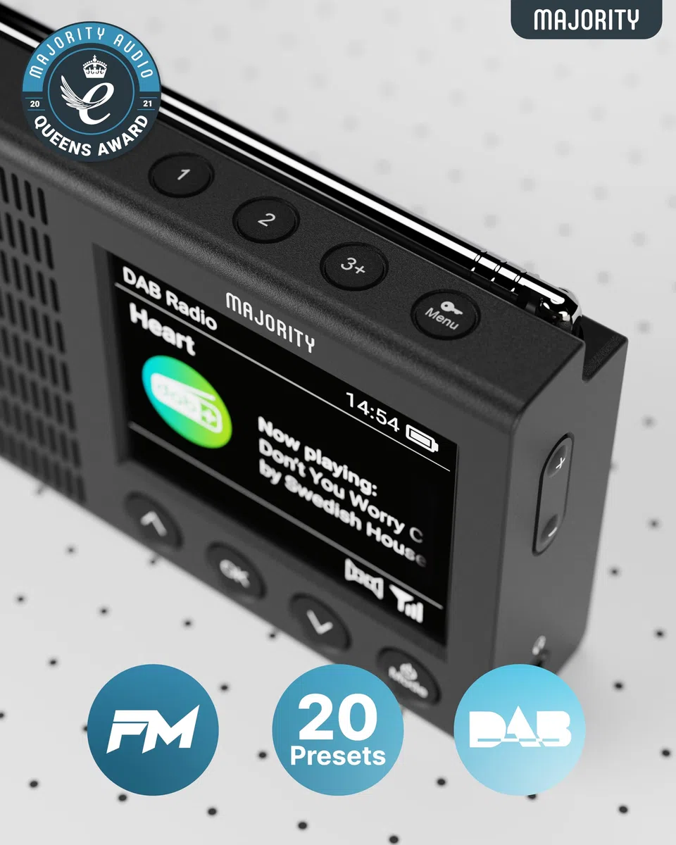 Radio Dab Plus Pequeña, Bluetooth Recargable Digitaradio, LCD, 40+ Presets, Reloj Despertador Doble, Radio Dab Plus, Digital, FM | MAJORITY Eddington Pequeña Radio
