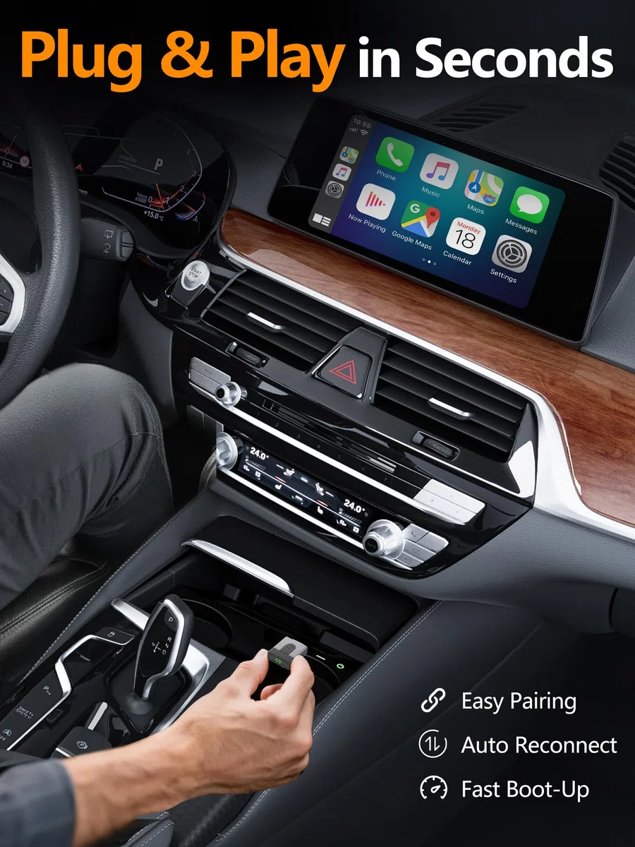 2 en 1 Mini Adaptador CarPlay y Android Auto inalámbrico, Convierte tu Sistema cableado en inalámbrico. Conexión automática rápida, Plug & Play, iOS 10+, Android 10+, Coches 2016+.(1 Piezas)
