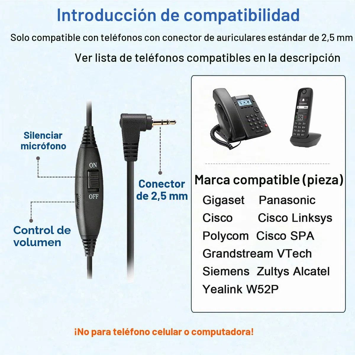 Callez Auriculares Teléfono Fijo Inalámbrico Mono, Micrófono con Cancelación de Ruido, Cascos 2,5 mm con Control de Volumen para Panasonic Siemens Gigaset C430 Polycom Cisco Teléfonos DECT