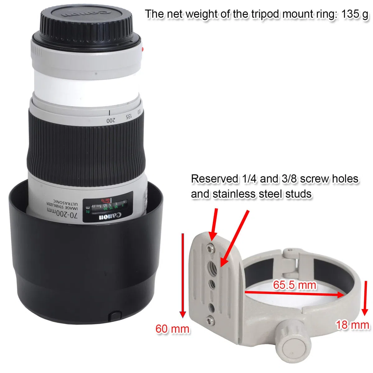 iShoot Anillo de montaje de trípode de metal, soporte de cuello de lente AII (W) compatible con Canon EF 70-200 mm f/4L / IS / IS II USM, 80-200 mm f/2.8L, 400 mm f/5.6L USM, parte inferior con ranura