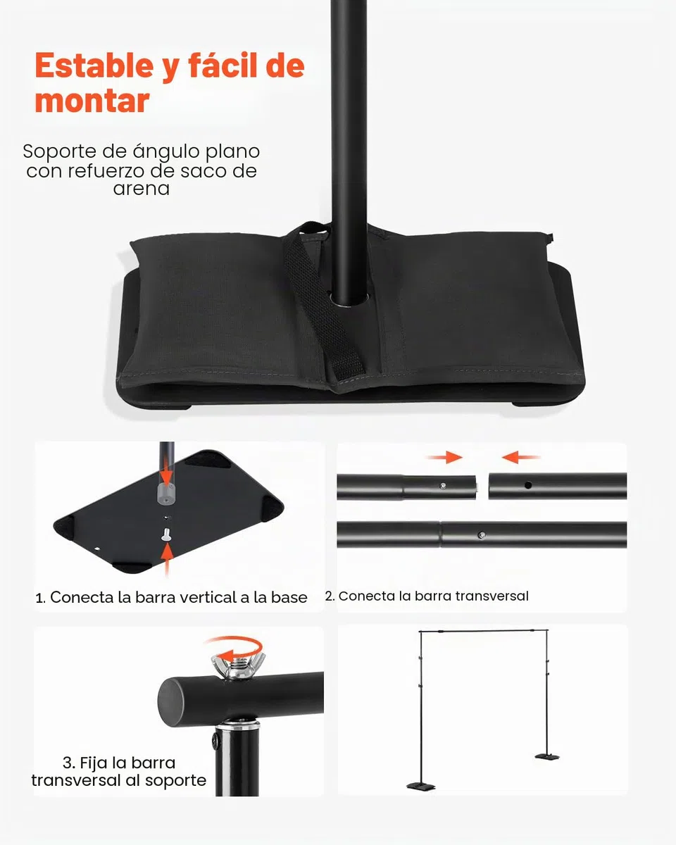 VEVOR Soporte de Fondo Ajustable para Tela de Fondo de hasta 260 x 300 cm, Soporte Portátil de Altura Ajustable de 145-260 cm con 7 Barras Transversales para Hogar, Estudio de Fotografía, Negro