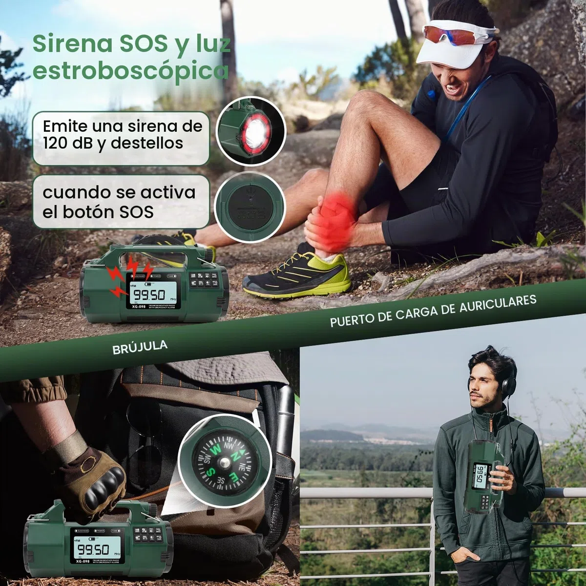 Radio meteorológica de emergencia, batería reemplazable 5000mAh, radio solar de manivela con alerta AM/FM/SW/NOAA, reloj despertador, temporizador, brújula, cargador de teléfono móvil, conector para