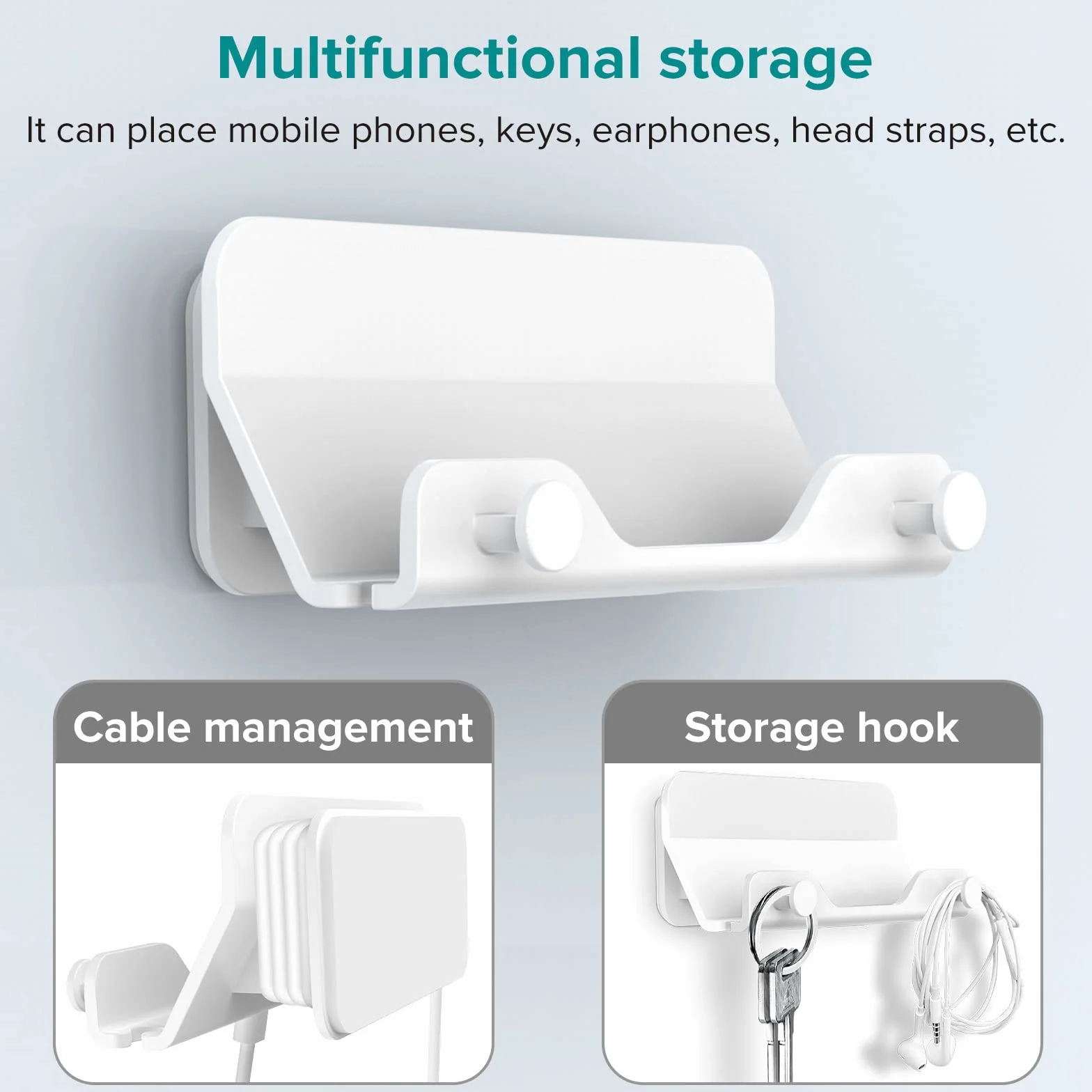 HomeMount Soporte de Pared para teléfono, Tira Adhesiva Manos Libres para Dormitorio, Sala de Estar, Cocina, Compatible con Todos los teléfonos o Mini iPad (2 Piezas - Blanco)