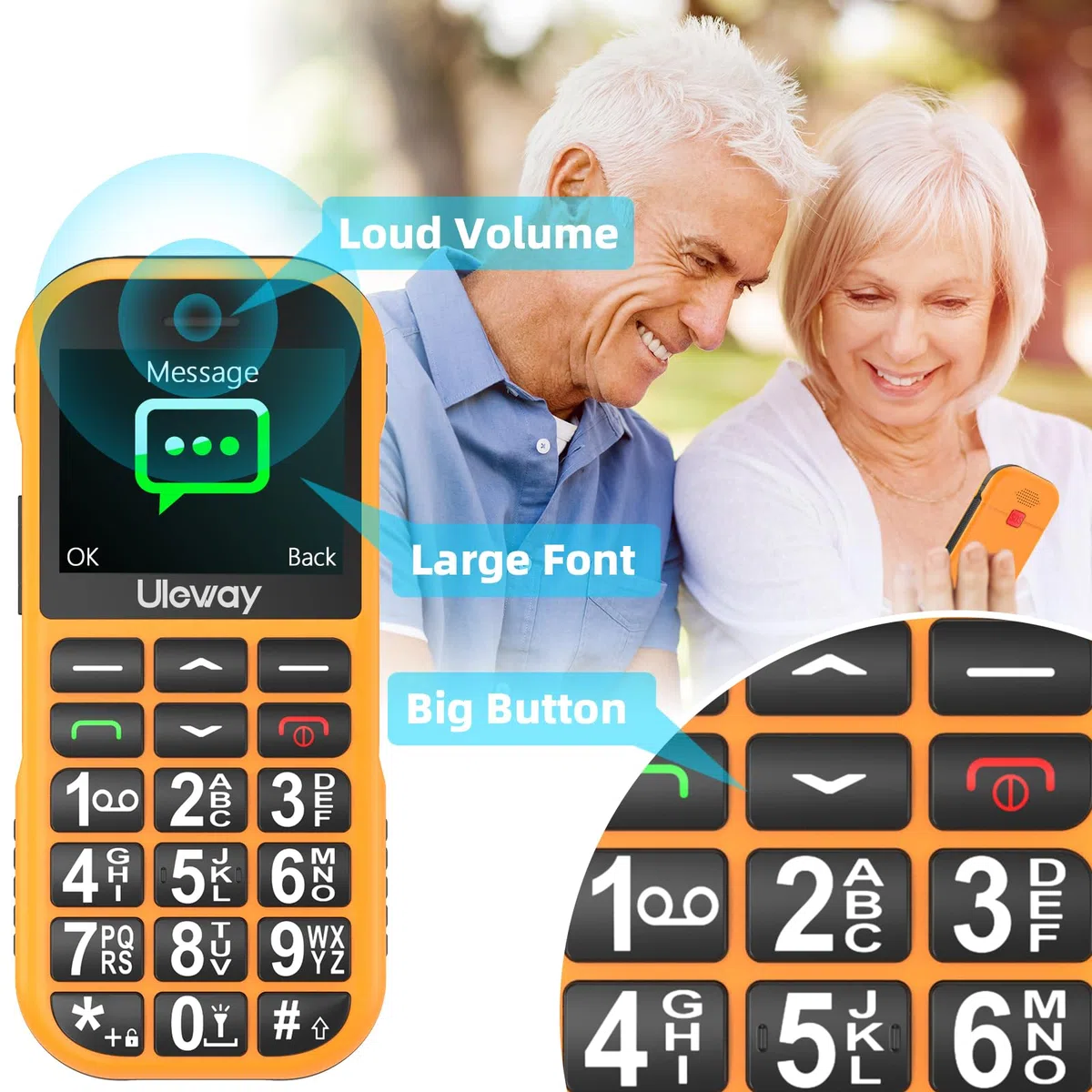 CHAKEYAKE Telefono Movil para Mayores Libre, gsm Fácil de Usar Teléfono Móvil Basico Mayores de Teclas Grandes, Batería de Larga Duración de 1800 mAh, USB C, Botón SOS, Base del Cargador (Naranja)