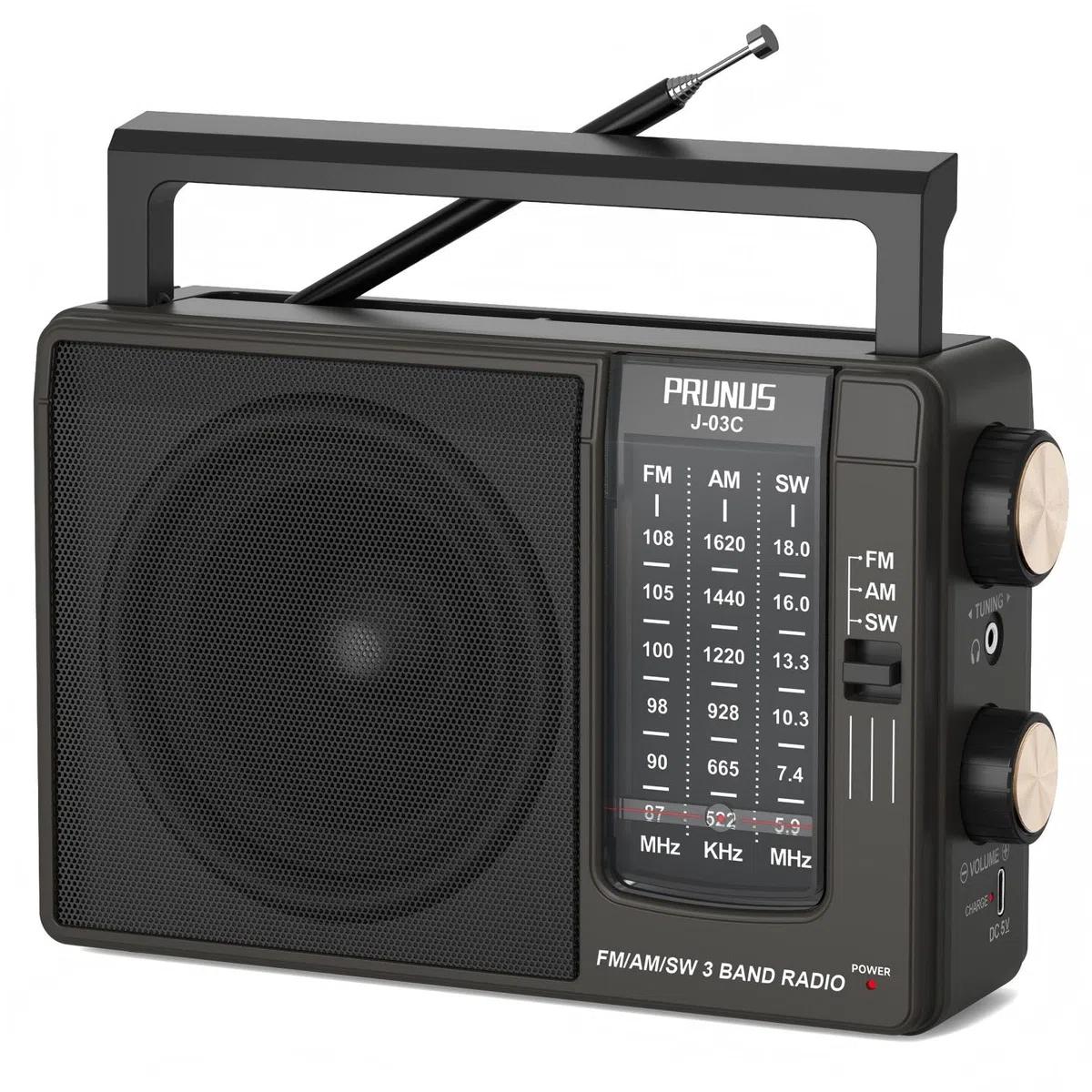 PRUNUS J-03C AM FM SW Radio Portatil Pequeña, Transistores Radios con Excelente Señal, Radio a Pilas o Batería Recargable (USBC), Altavoz Grande, Operación Simple, Fácil de Usar para Personas Mayores.