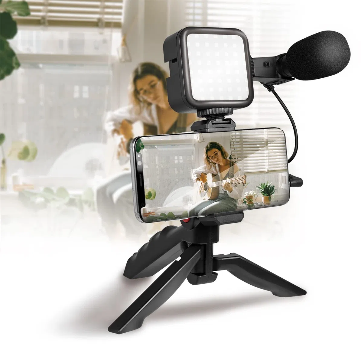 LogiLink Vlogger - Kit de 36 Luces LED con micrófono y trípode para Smartphones de 4,7 a 7", Color Negro