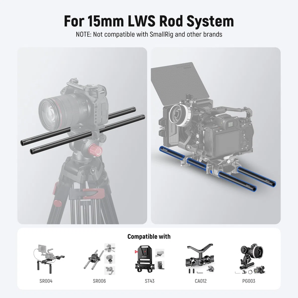 NEEWER 15mm Varilla (16"/40cm Largo, Paquete de 2), 15 mm Varillas de Extensión Aleación de Aluminio para 15mm Sistema de Riel de Varilla LWS, Hombro Rig Video Rig Placa Base, SR024