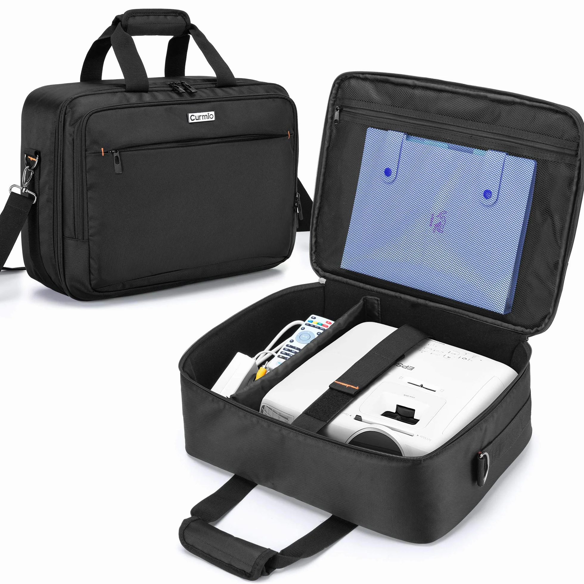 CURMIO Bolsa para Proyector, Maletines para proyectores, Bolso de Viaje para Proyector con Compartimento para Ordenador Portátil, Negro (Patente Pendiente)