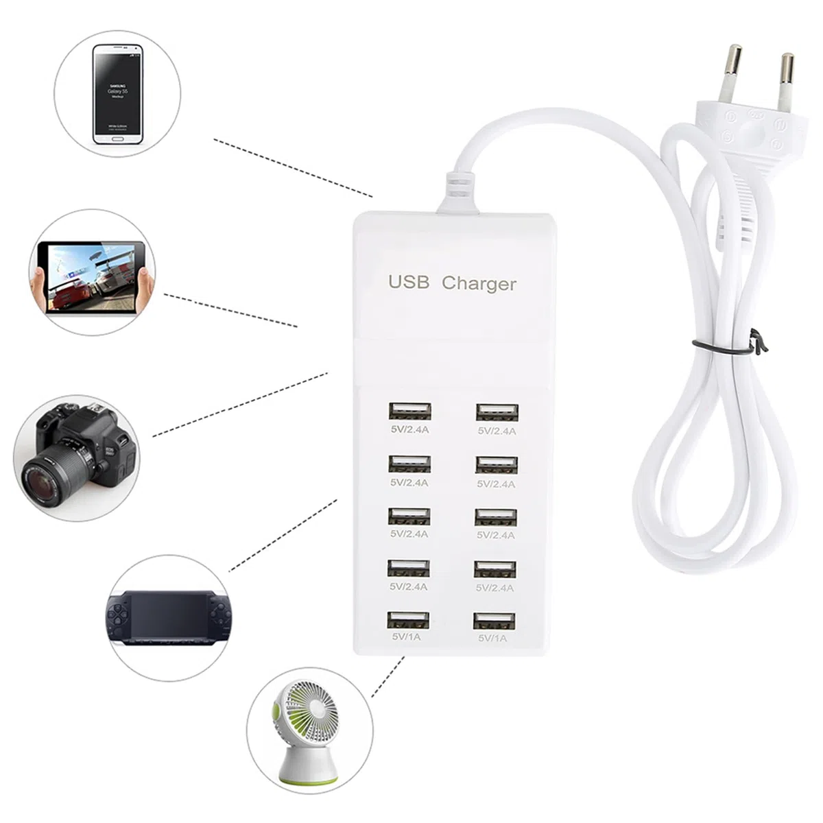 Cargador USB VBESTLIFE, Adaptador de Carga rápida, Fuente de alimentación USB múltiple con 10 Conexiones (5 V ~ 2.4 A x 2, 2.1 A x 4, 1A x 4) Cargador Compatible con Dispositivos USB de 5 V. (UE)
