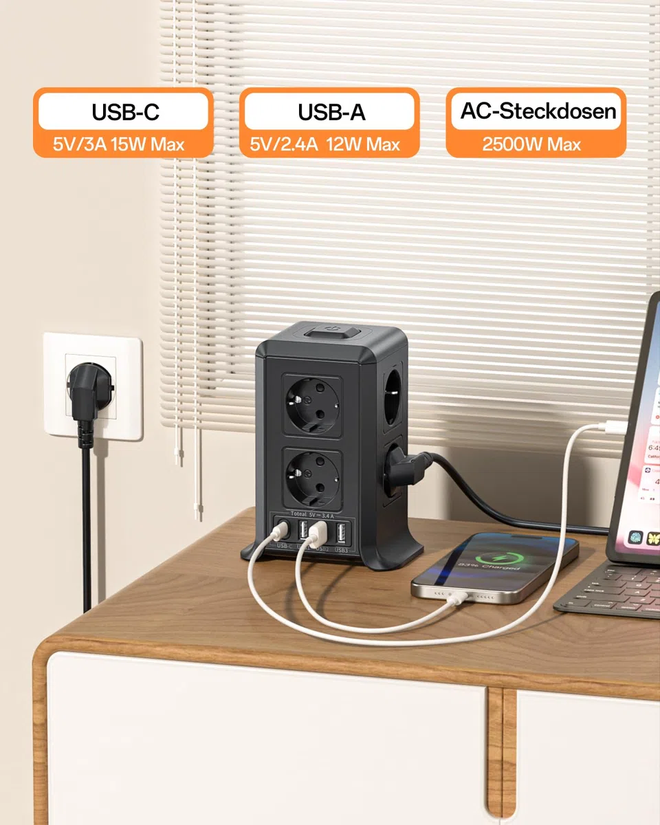 3M Torre Regletas Enchufes, Regleta Enchufes Proteccion Sobretension con Interruptor, con 8 Tomas de AC y 4 USB Regleta Vertical, Enchufe Multiple es Adecuado para Escritorios, Salones y Dormitorios