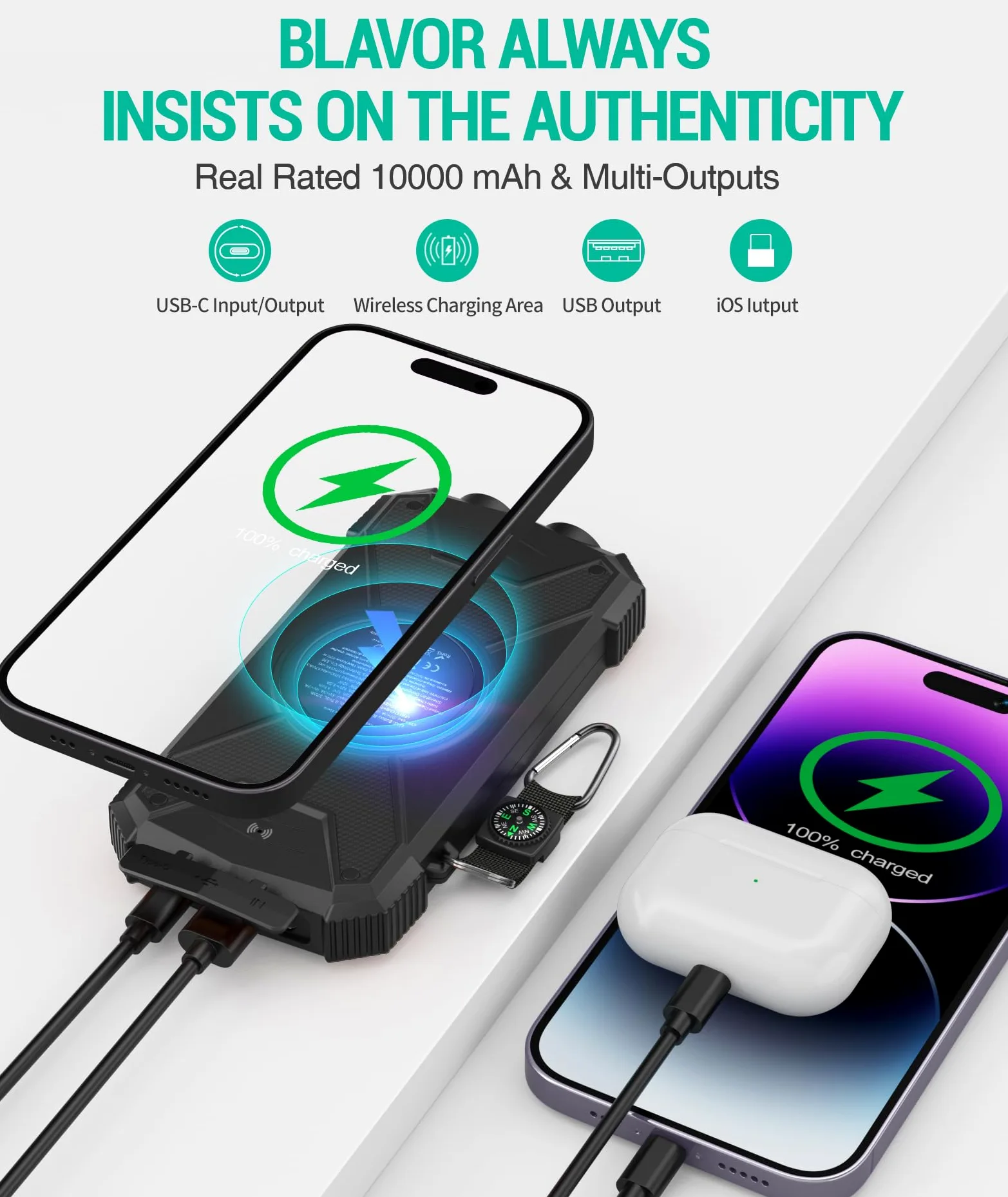Solar Power Bank Cargador Solar 10000mAh, Banco de energía USB C portátil con Panel Solar Qi Carga rápida inalámbrica Batería de Camping Cargadores solares para teléfono móvil