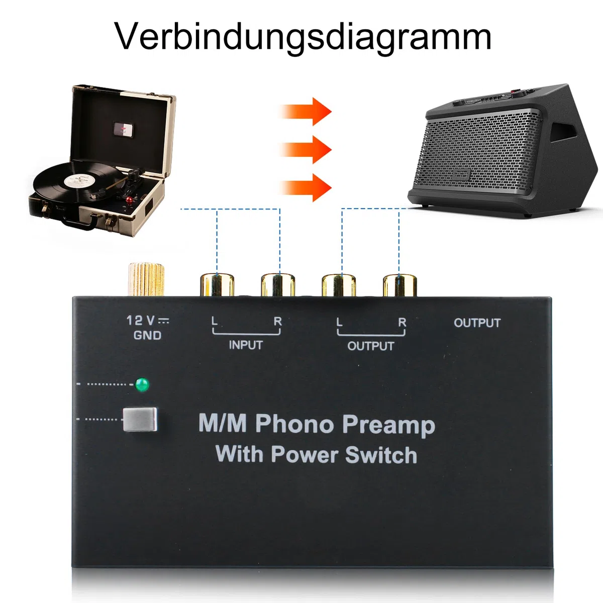 Preamplificador Phono para Tocadiscos MM – Previo Phono con Entrada y Salida RCA, Amplificador Estéreo con Control de Nivel, Interruptor Frontal, Negro