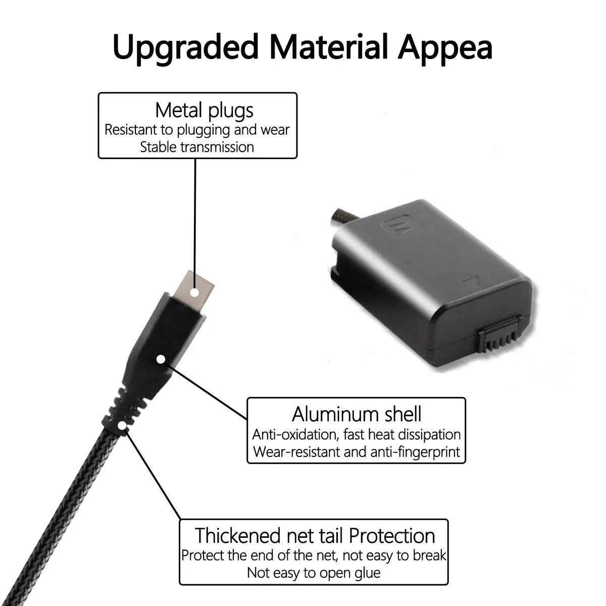 Cable de alimentación trenzado PD USB-C a NP-FW50 batería simulada AC-PW20 DC Acoplamiento para Sony Alpha A5100 A6500 A6400 A6000 A55 A7