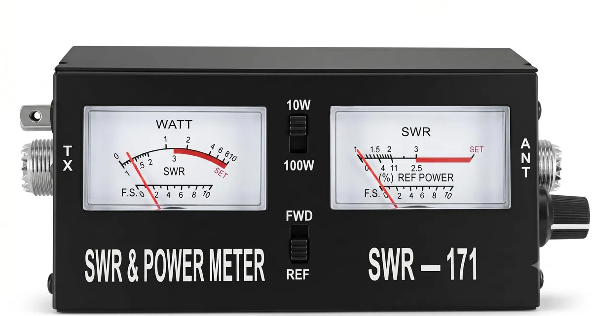 SWR-171 Medidor Roe y Vatímetro VHF y CB para Radioaficionados | Rango de frecuencia de 1,5 a 150 MHz (CB y VHF) con escalas de potencia seleccionables de 10W y 100W.