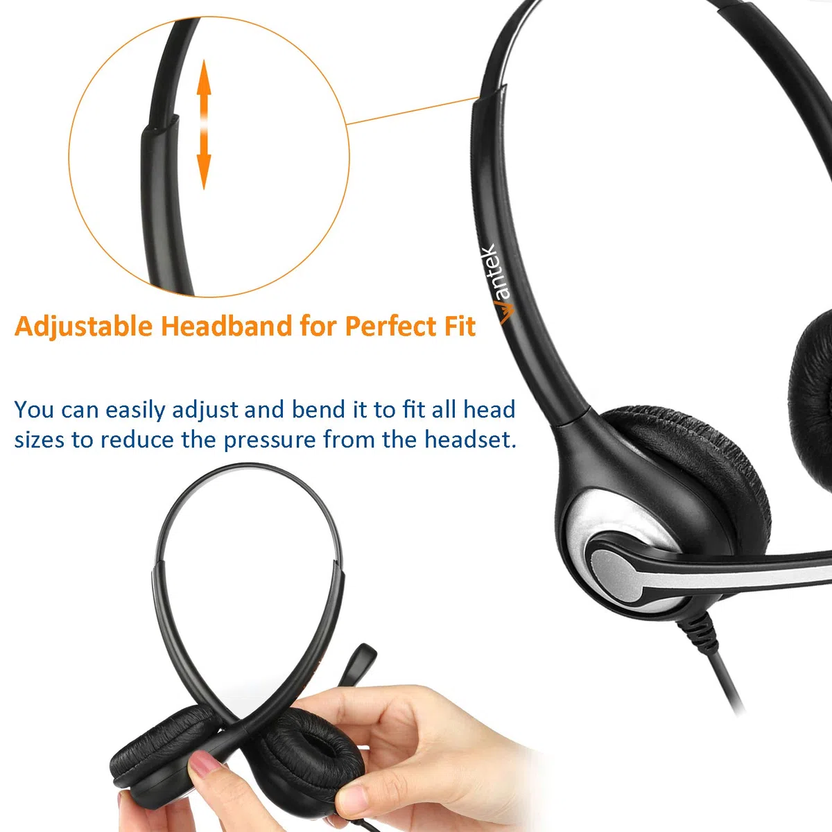Auriculares Teléfono Fijo Inalámbrico 2,5 mm Dual, Micrófono con Cancelación de Ruido, WANTEK Cascos con Control de Volumen para Gigaset Panasonic Grandstream Teléfonos DECT(F602J25)