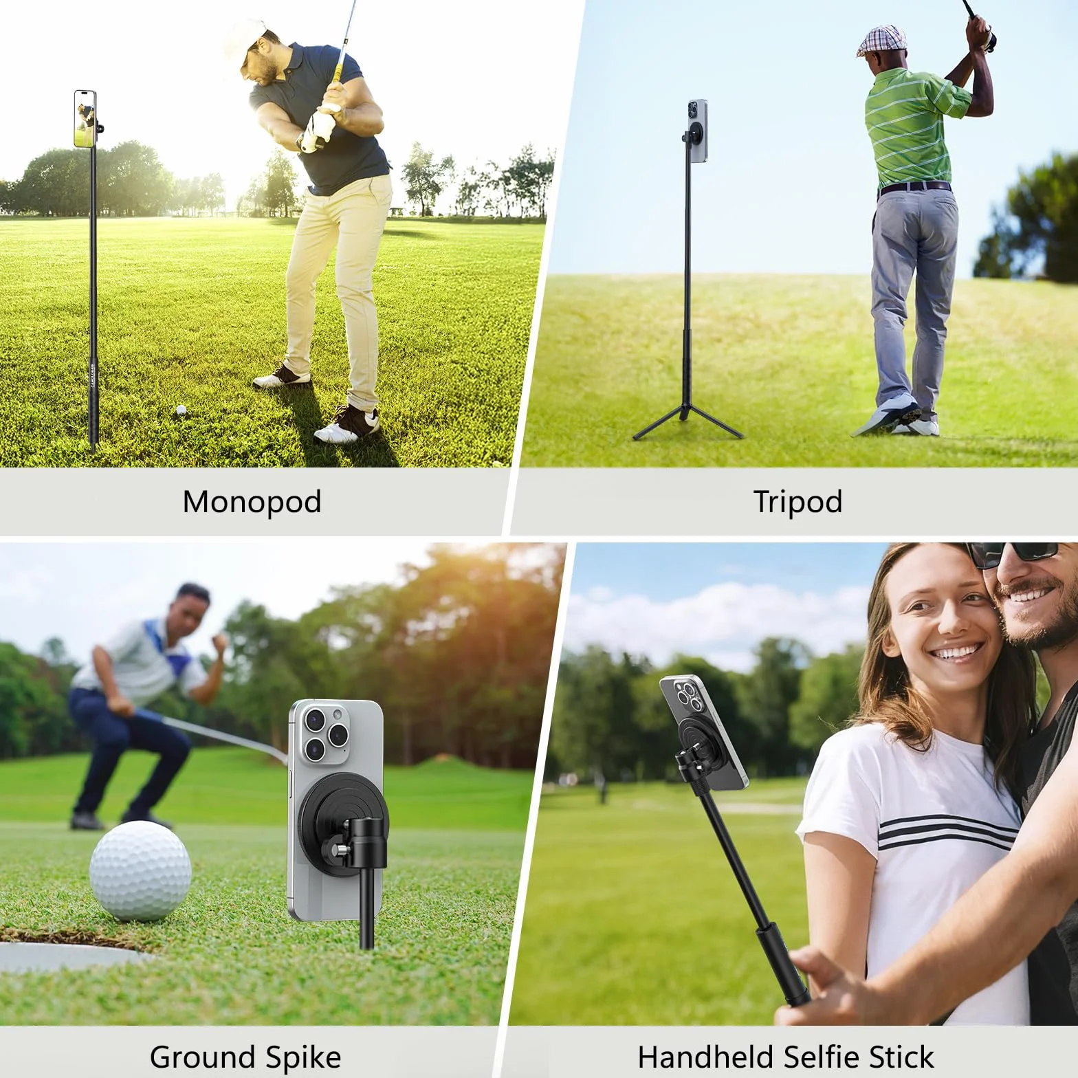 CAMOLOGEEK - Monopod y trípode selfie Stick para grabar swing de golf, ayuda de entrenamiento con estaca de tierra y adaptador para GoPro y tornillo de 1/4 pulgadas, soporte magnético para teléfono de