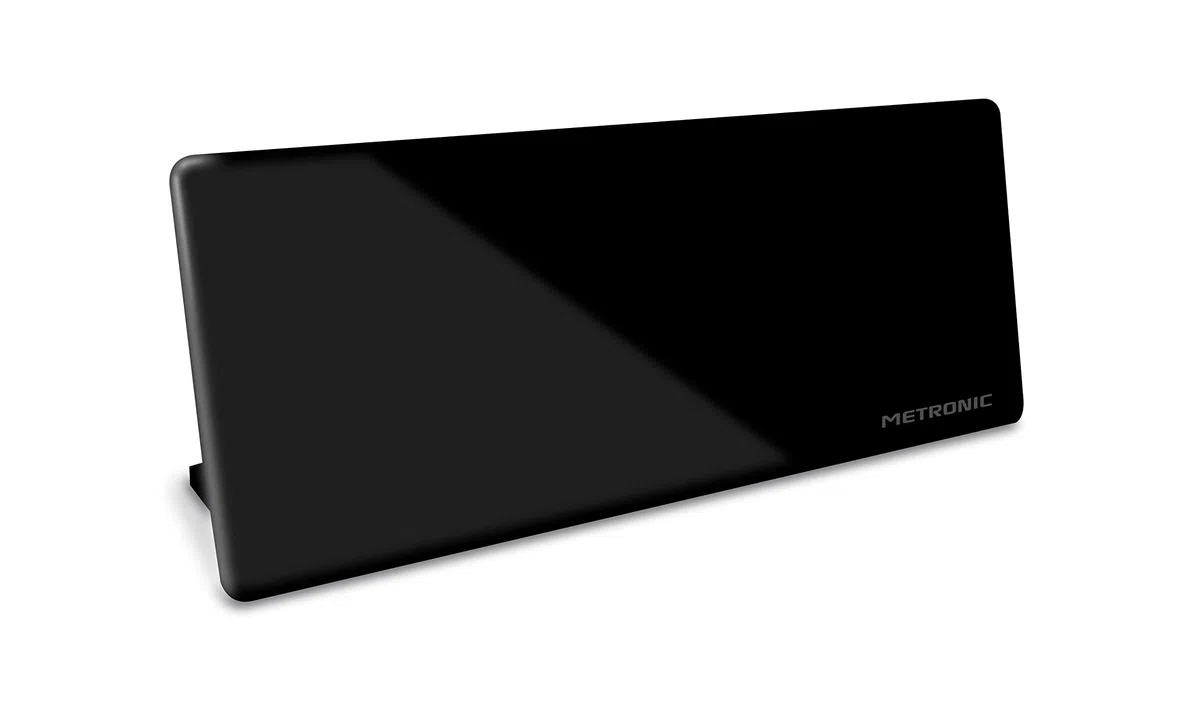 Metronic 416808 - Antena TV TDT Interior, para HDTV, UHD, 4K / DVB-T/DVB-T2 / UHF, Filtro 5G, recibe emisoras Radio Dab+, Ganancia 92, extraplana, con pie de Soporte o fijación Mural, Negro