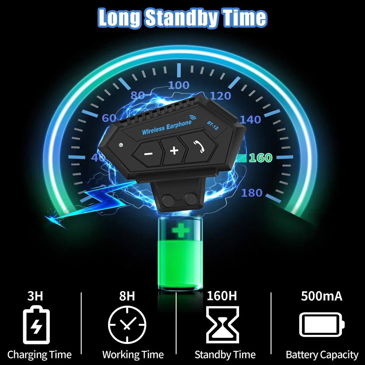 BT12 Intercomunicador Casco Moto con Comunicación Manos Libres y Función Ruido Reducción, Auriculares 5.0 Bluetooth Inalámbrico para Motocicleta, ATV, Bicicleta, Ciclismo, Esquí, Equitación, Escalada