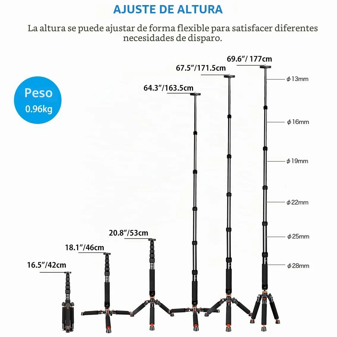 Koolehaoda Monopie de Aluminio para cámara con Base de trípode metálica. 6 Secciones, Ajustable de 42 a 177 cm. Diámetro de Las Patas: 28 mm. Soporta hasta 10 kg. - Negro.