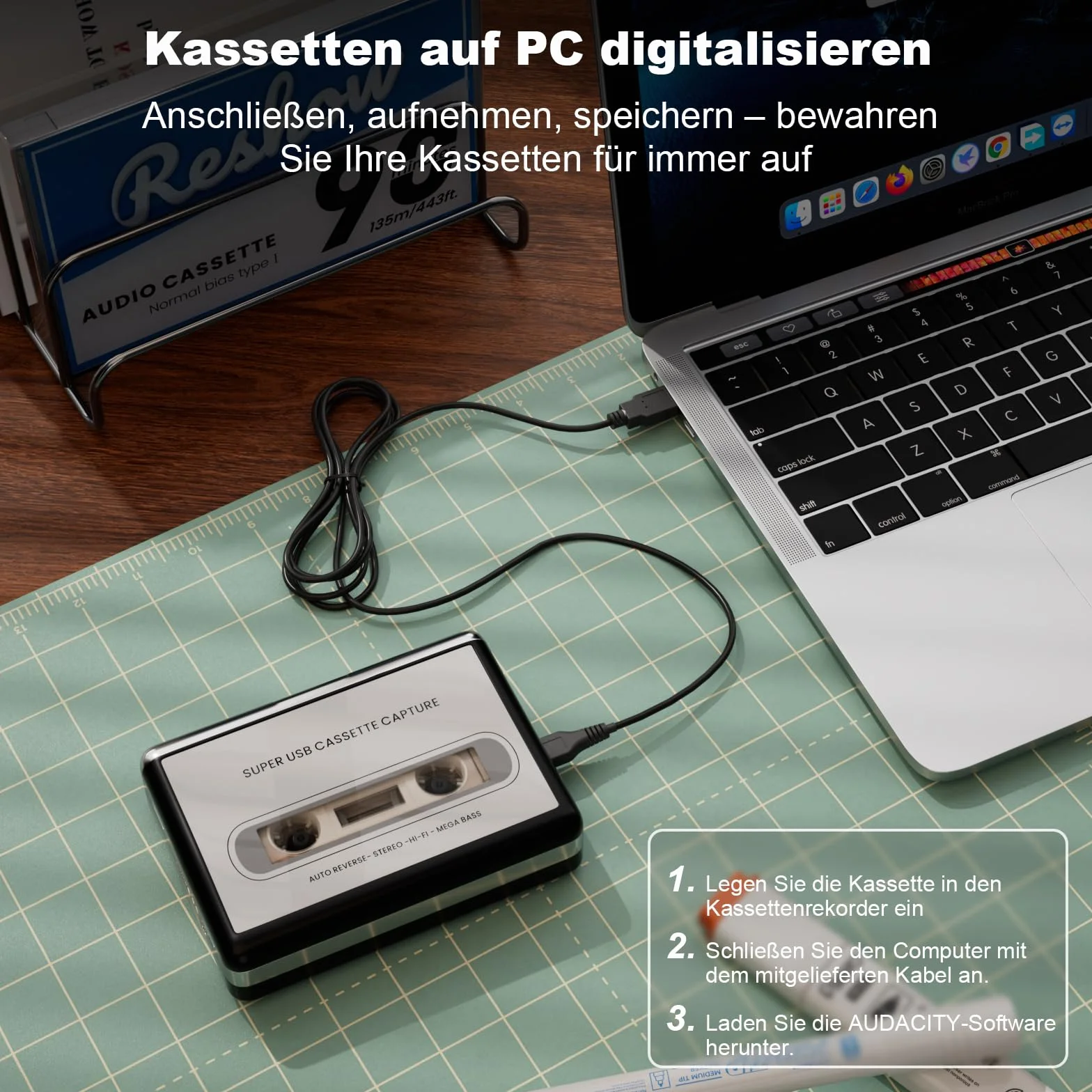 Reshow Grabadora de casete portátil que graba archivos de audio MP3 a través de USB – Convierte cartuchos para iPod – Compatible con ordenadores portátiles y ordenadores de formato plateado