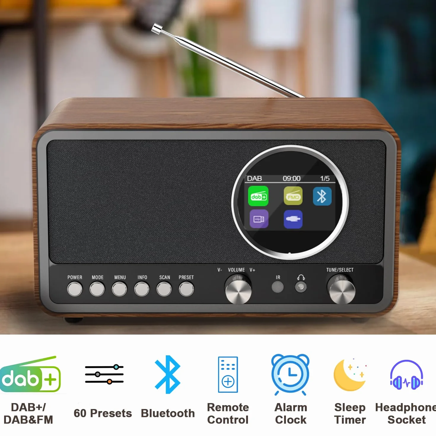 Monodeal Radio portátil DAB+ FM 5 W Altavoz HiFi Despertador 60 Preajustes