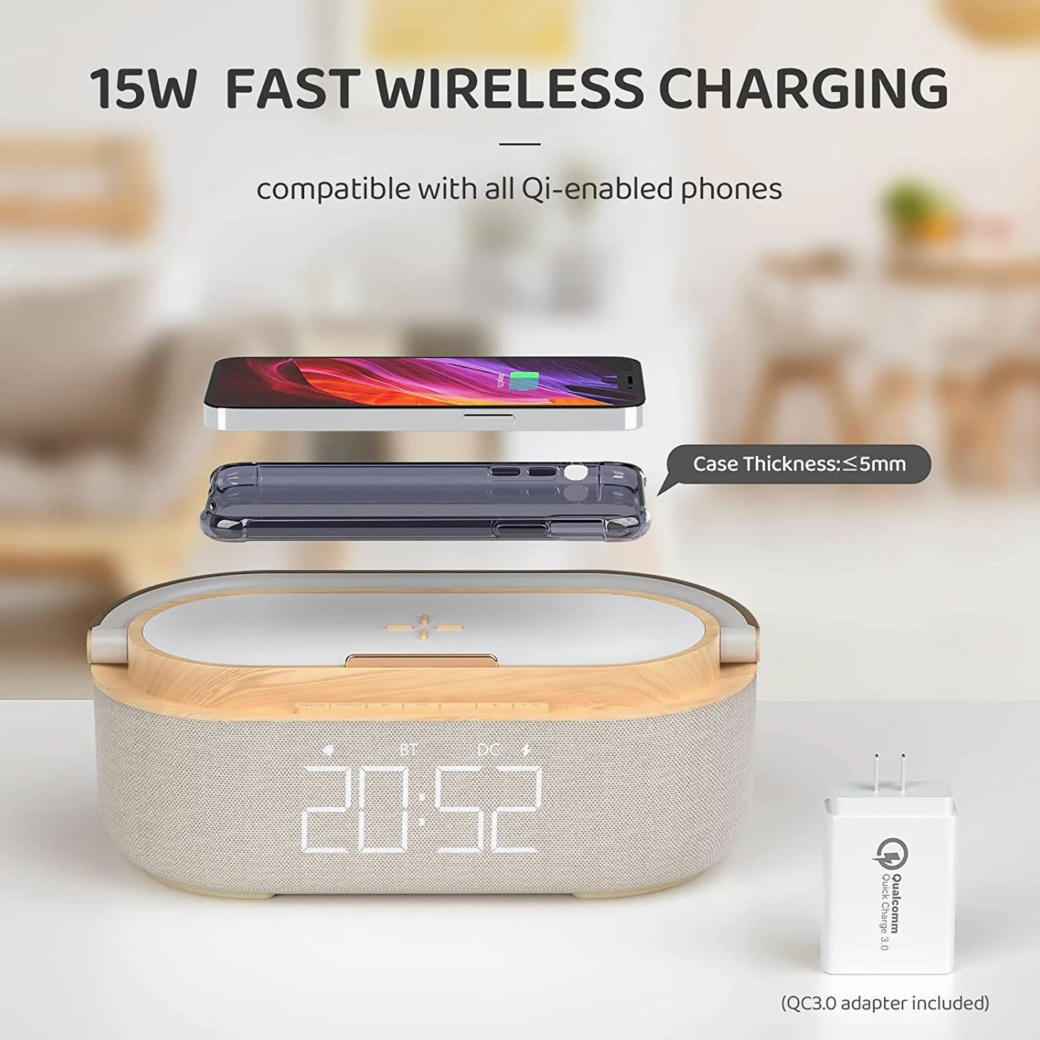 COLSUR Radio Despertador Digital con Carga Inalambrica, FM Radio con Puerto de carca USB, Pantalla LED Ajustable, Luz Nocturna, Bluetooth, Alarma de Temporizador de Apagado y Soporte para Teléfono