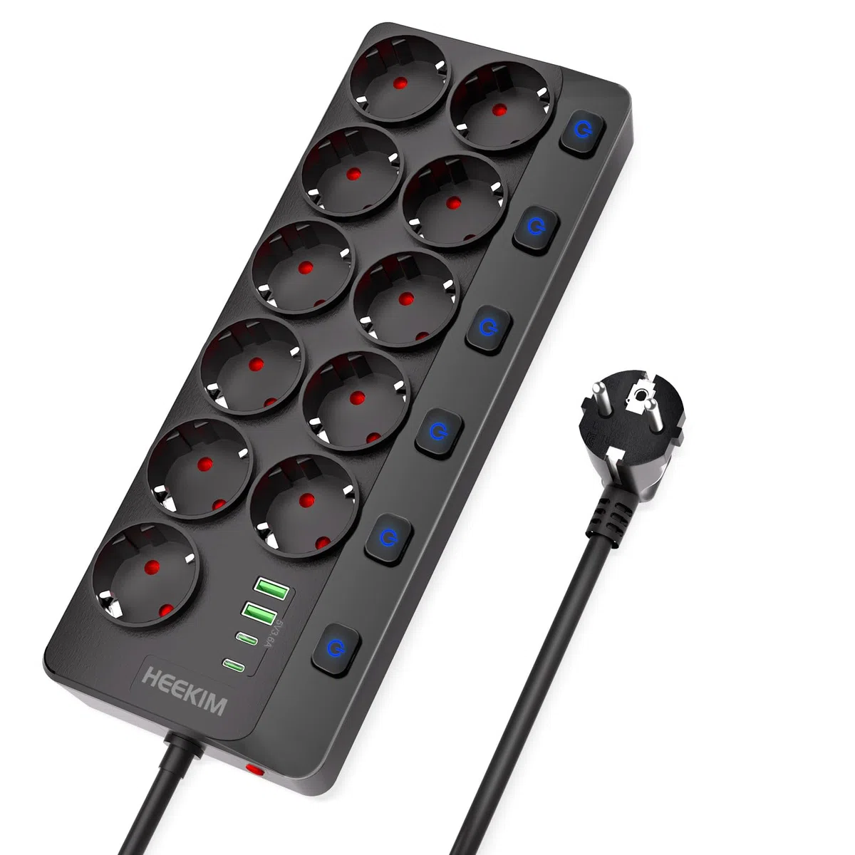 Regleta Enchufes USB, Regleta 4000W 16A con 11 Toma de Corriente y 2 USB-A y 2 USB-C Puertos, 6 Interruptores, Enchufe Multiple Cable de Extensión 2M para Hogar, Oficina, Escuela
