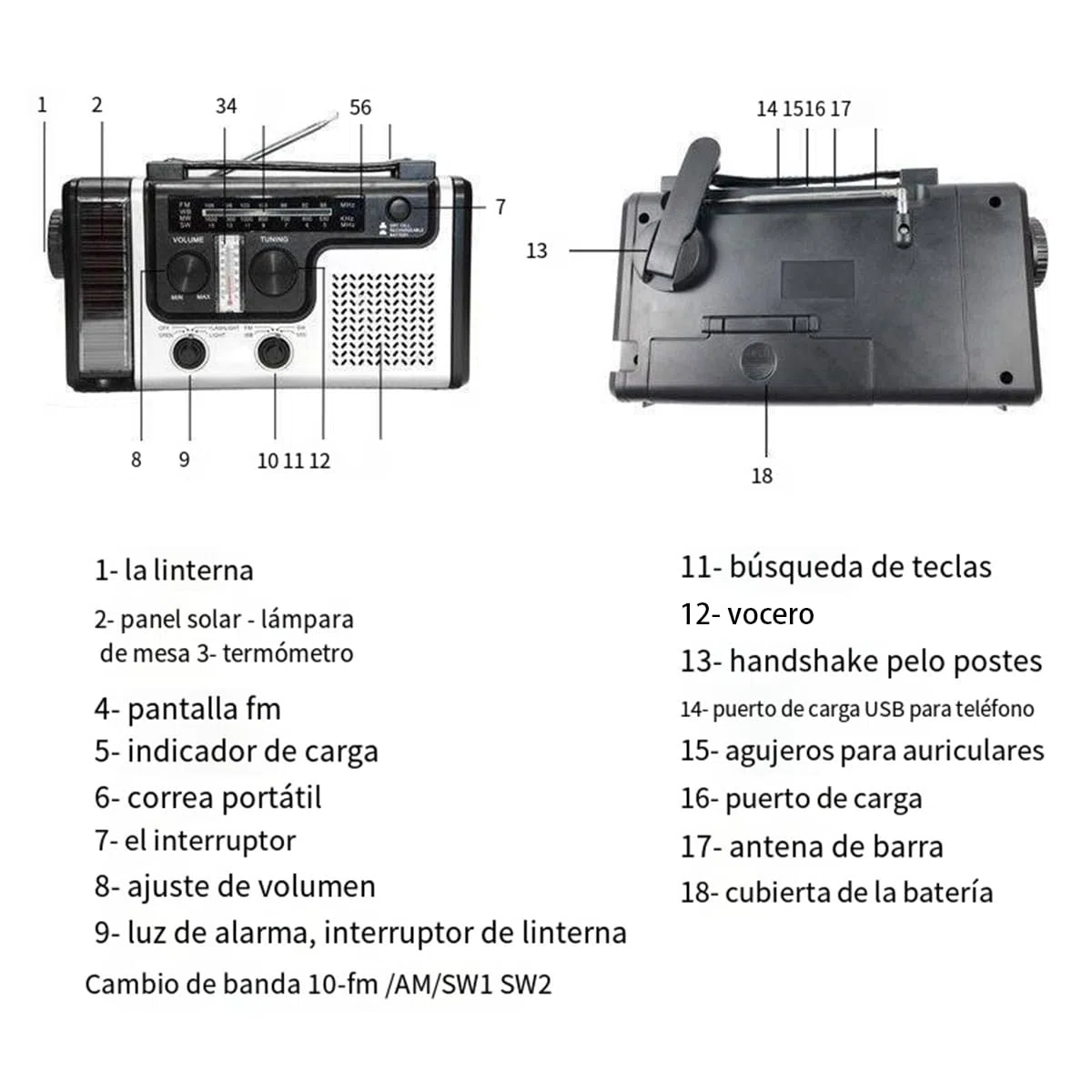 Radio de emergencia con energía solar y manivela, con bandas AM/FM/SW, batería recargable de 1200 mAh, linterna LED y carga de teléfono, alerta meteorológica, termómetro y sirena para supervivencia al